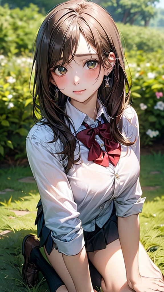 (masterpiece:1.2, top-quality), (realistic, photorealistic:1.4), beautiful illustration, (natural side lighting, movie lighting), 
looking at viewer, cowboy shot, front view:0.6, 1 girl, japanese, high school girl, perfect face, cute and symmetrical face, shiny skin, 
(long hair:1.8, straight hair:1.7, light brown hair), parted bangs, emerald green eyes, long eye lasher, (large breasts:0.9, thick thighs), 
beautiful hair, beautiful face, beautiful detailed eyes, beautiful clavicle, beautiful body, beautiful chest, beautiful thigh, beautiful legs, beautiful fingers, 
((, white collared shirts, black pleated mini skirt, black socks, brown loafers, red bow tie)), break, hoop ring earrings, pink panties, dark blue violet cardigan, break,
(beautiful scenery),
In a grassy field, a girl is on all fours, a big dog is hugging her back from behind, and the dog and the girl are mating in the doggy position, with their bodies in close contact.
Her face is bright red, her mouth is open, and she looks like she is about to cry.
She is wearing a very short skirt.
