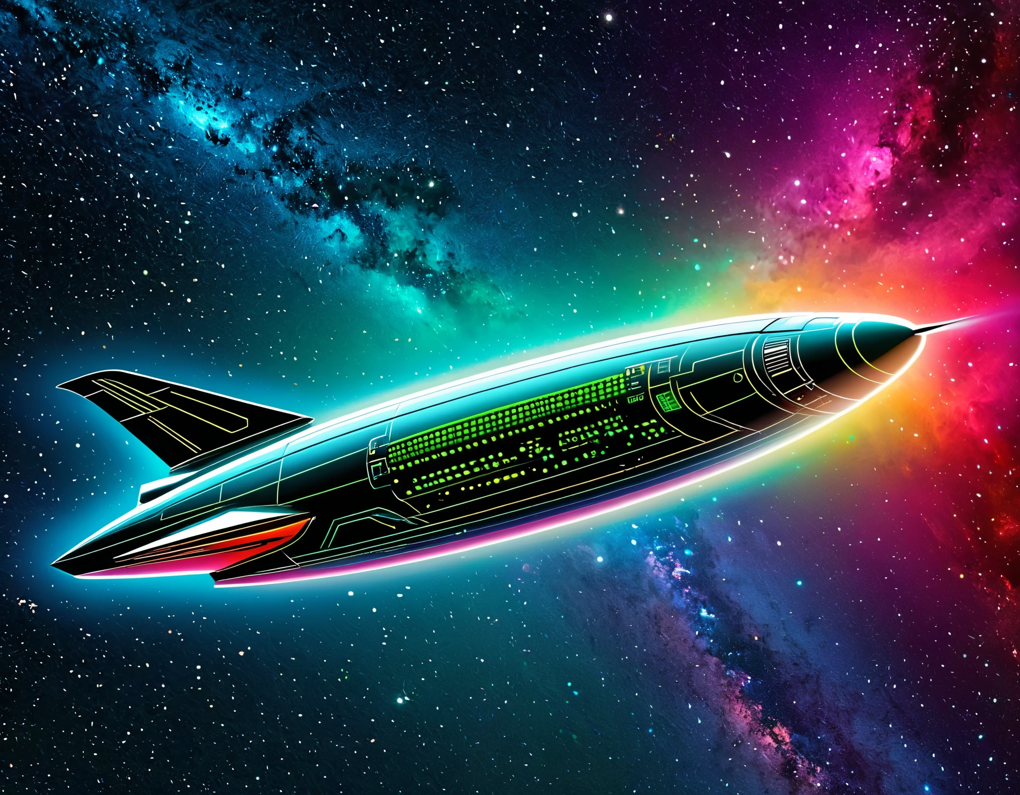 "A high-tech starship navigating through a colorful cosmic expanse, featuring a gradient backdrop from green to red with scattered stars. The ship's design resembles  penis with two large circular engines at the back, all highlighted by metallic textures and intricate details."
