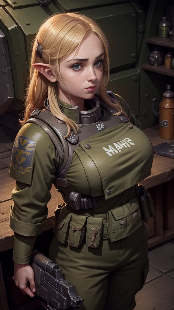 1girl, (high-angle shot), warhammer 40k imperial guardsman, ((female hobbit)). blonde hair, bare hand, hafling, pants, (green bulletproof vest), ((large nose)), large expressive eyes, ((in a rusty spaceship)), chubby face, black paint under eyes, dirty, holding food