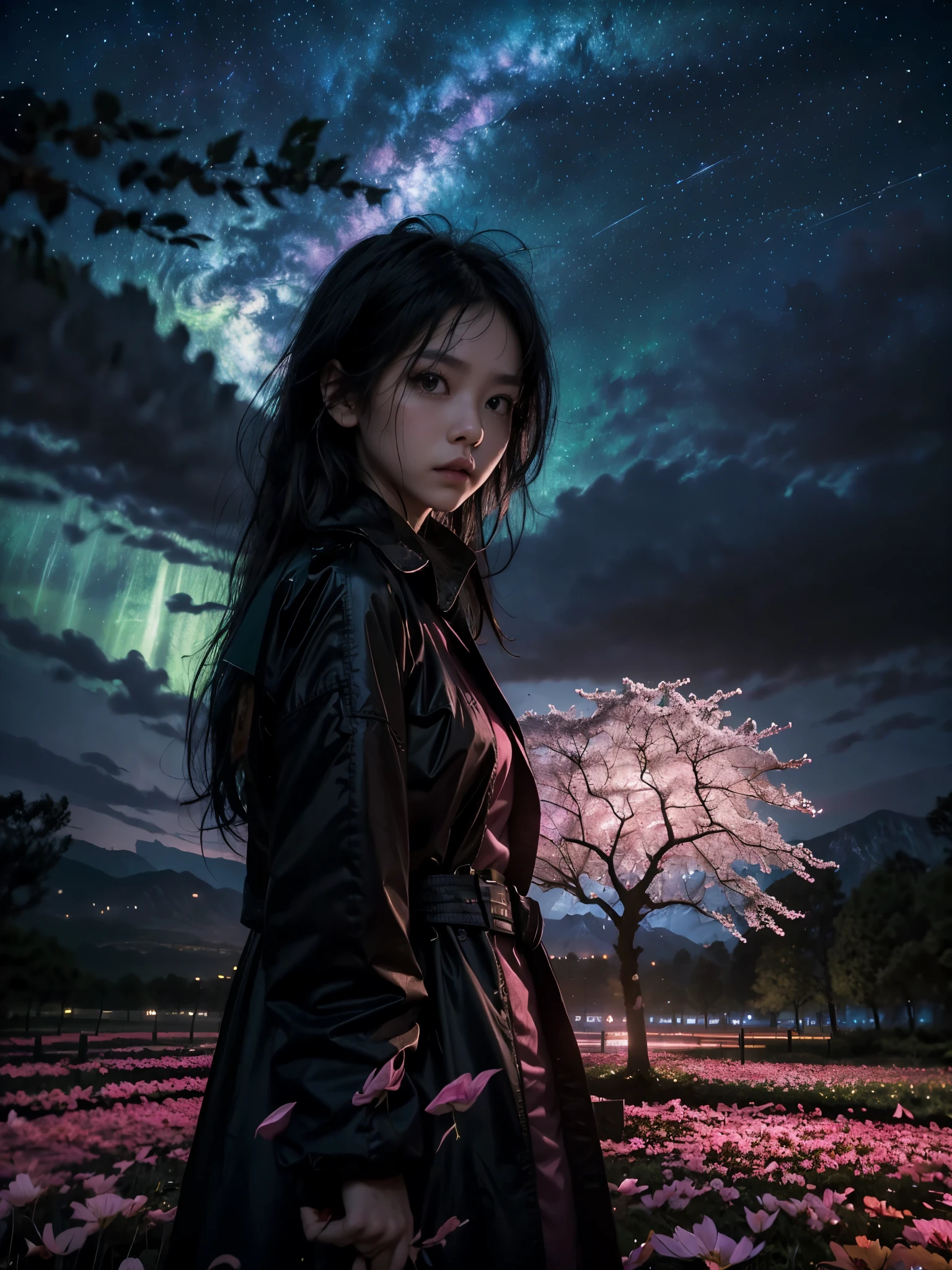 (best qualityer, work of art),(1 girl, miko, trench coat, expression face, eyes black, looking straight ahead ,Bblack hair, going, trunk), (lost night sky, huge old tree behind, falling bright pink petals behind, Sanctuary behind, mountain bottom, windy blowing, meteoric cloud)