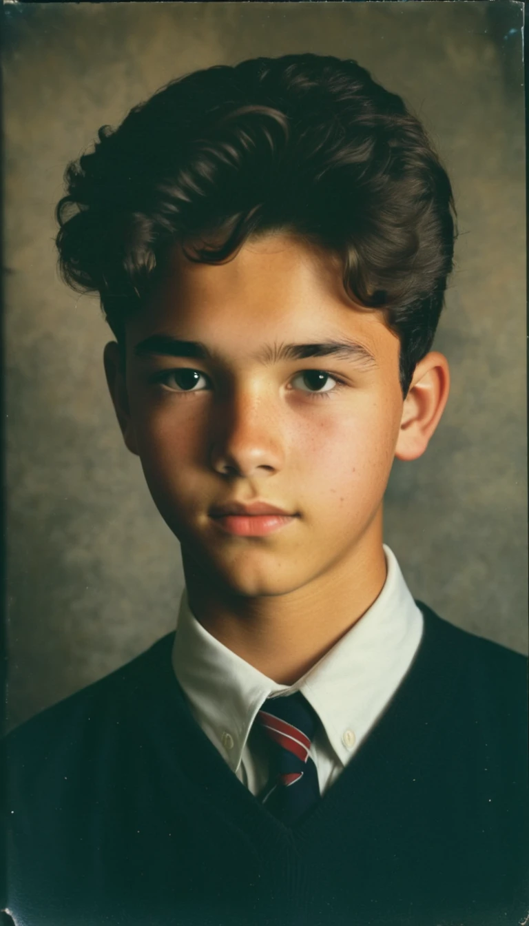 analog film photo, modern day photo of a young student, 14 years-old, male, brown-black hair, short curly quiff, brown eyes, caucasian, round face, oval-shaped jawline, bulbous nose, full lips, thick eyebrows, soft features, stocky broad frame, chubby, resembles Gavin Leatherwood, (relaxed school uniform:1.1), silhouette, backlit, split lighting, half face in shadow, RAW Photograph, dslr, hard lighting, hard shadows, high quality, film grain, Fujifilm XT3, detailed skin with visible pores, insane details, masterpiece, 8k, 35mm photograph, dslr, kodachrome, faded film, desaturated, 35mm photo, grainy, vintage, Kodachrome, Lomography, stained, highly detailed, found footage, yearbook portrait, contemporary, 2024