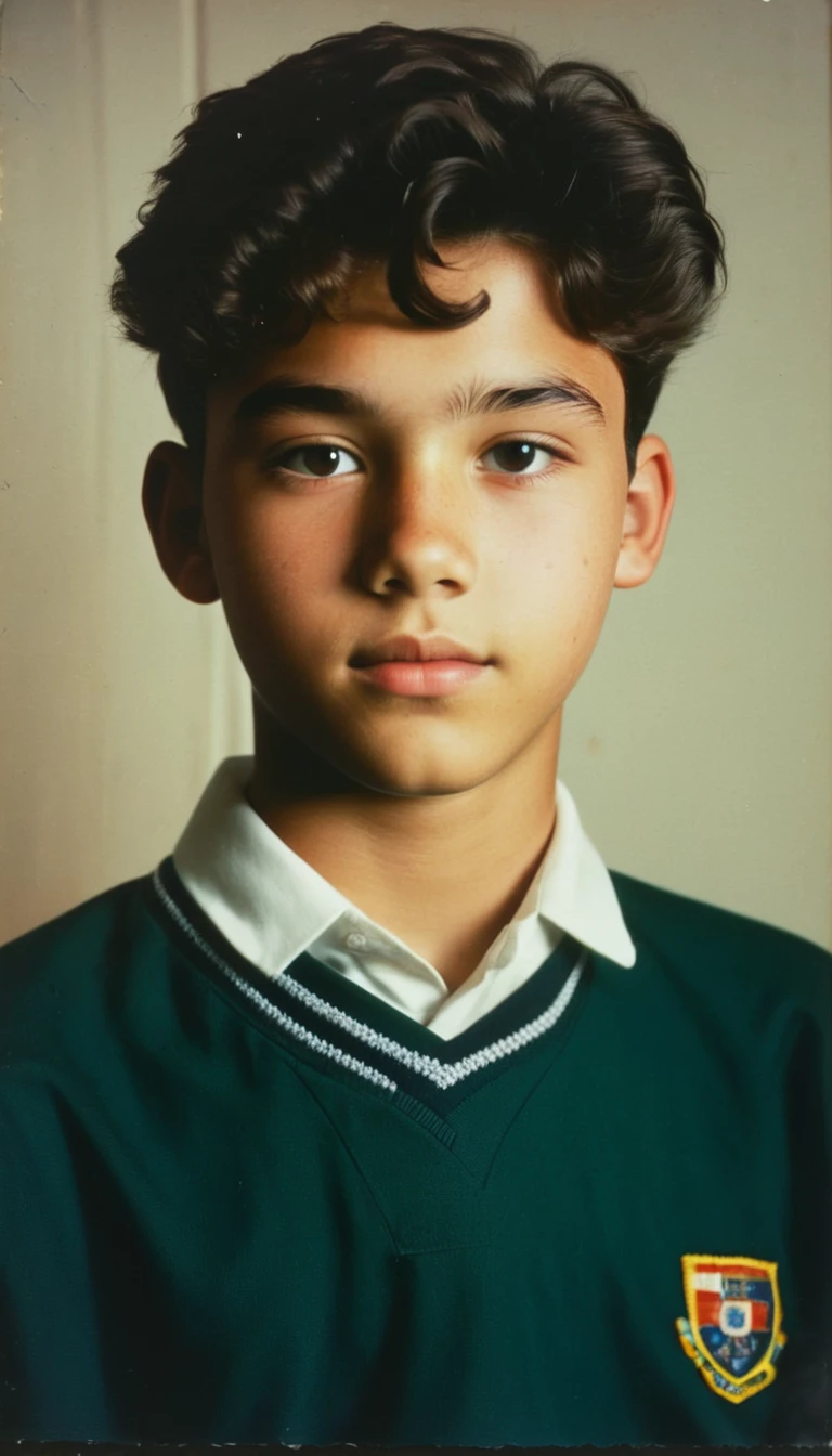 analog film photo, modern day photo of a young student, 14 years-old, male, brown-black hair, short curly quiff, brown eyes, caucasian, round face, oval-shaped jawline, bulbous nose, full lips, thick eyebrows, soft features, stocky broad frame, chubby, resembles Gavin Leatherwood, (relaxed school uniform:1.1), silhouette, backlit, split lighting, half face in shadow, RAW Photograph, dslr, hard lighting, hard shadows, high quality, film grain, Fujifilm XT3, detailed skin with visible pores, insane details, masterpiece, 8k, 35mm photograph, dslr, kodachrome, faded film, desaturated, 35mm photo, grainy, vintage, Kodachrome, Lomography, stained, highly detailed, found footage, yearbook portrait, contemporary, 2024