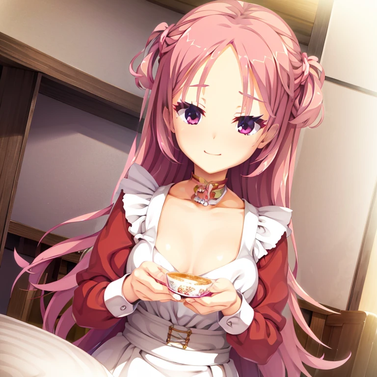 seductive, ((forehead to show)), attractive, sexy eyes, red coat, pink hair, delicate, young, long hair, detailed face, high definition, full body, maid, cute smile, cafe, hands behind back