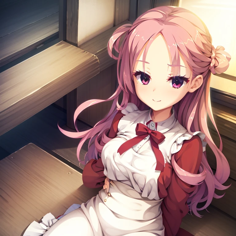 seductive, ((forehead to show)), attractive, sexy eyes, red coat, pink hair, delicate, young, long hair, detailed face, high definition, full body, maid, cute smile, cafe, hands behind back