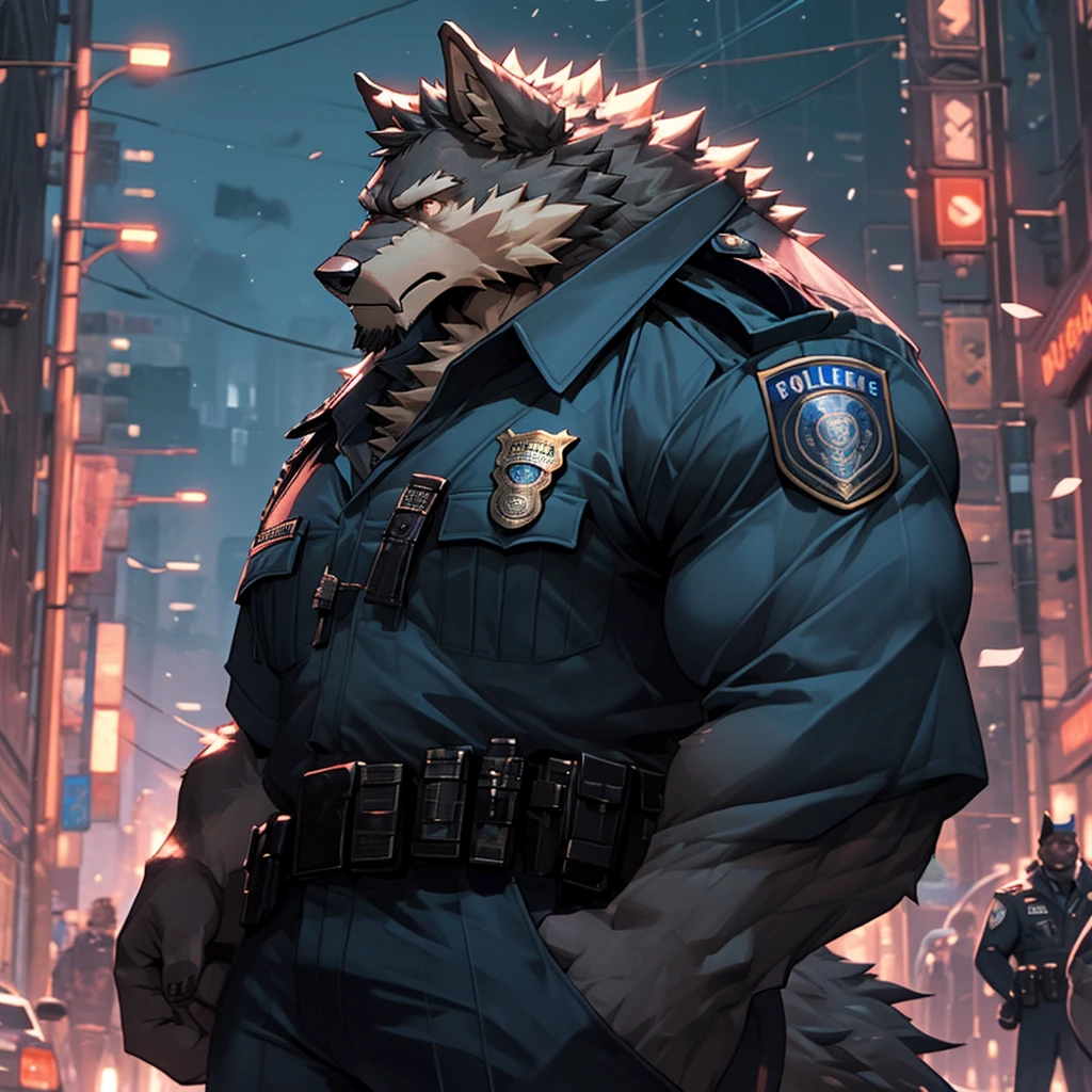 Muscular and strong police officer wearing werewolf background is the city crime scene. Strong werewolf police officer holding a pistol