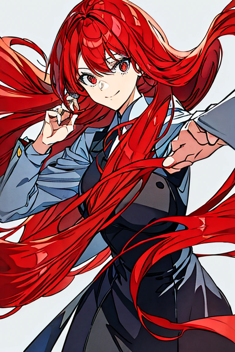 2D anime style illustration, 8k, featuring a young woman with long red hair, standing, wearing an elegant red suit. She has her eyes open anime style and in her hands she holds a large, completely blank sign spread lengthwise, giving a happy and serene expression. totally white background. The lighting is vivid and lively which enhance your happiness