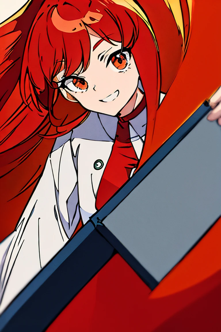 2D anime style illustration, 8k, featuring a young woman with long red hair, standing, wearing an elegant red suit. She has her eyes open anime style and in her hands she holds a large, completely blank sign spread lengthwise, giving a happy and serene expression. totally white background. The lighting is vivid and lively which enhance your happiness