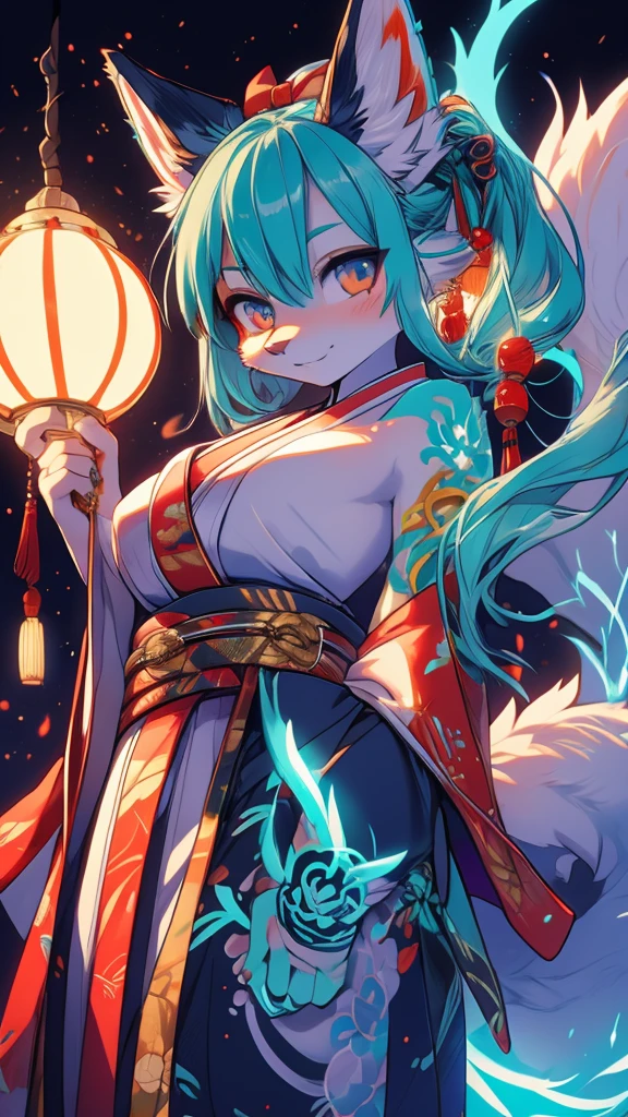 Miku Hatsune 18 year old girl, add high definition_detail:1, blue fur,kitsune ears, japanese tattoo art add_detail:1, arms in the air, japanese samuray costume add_detail:1, glowing body