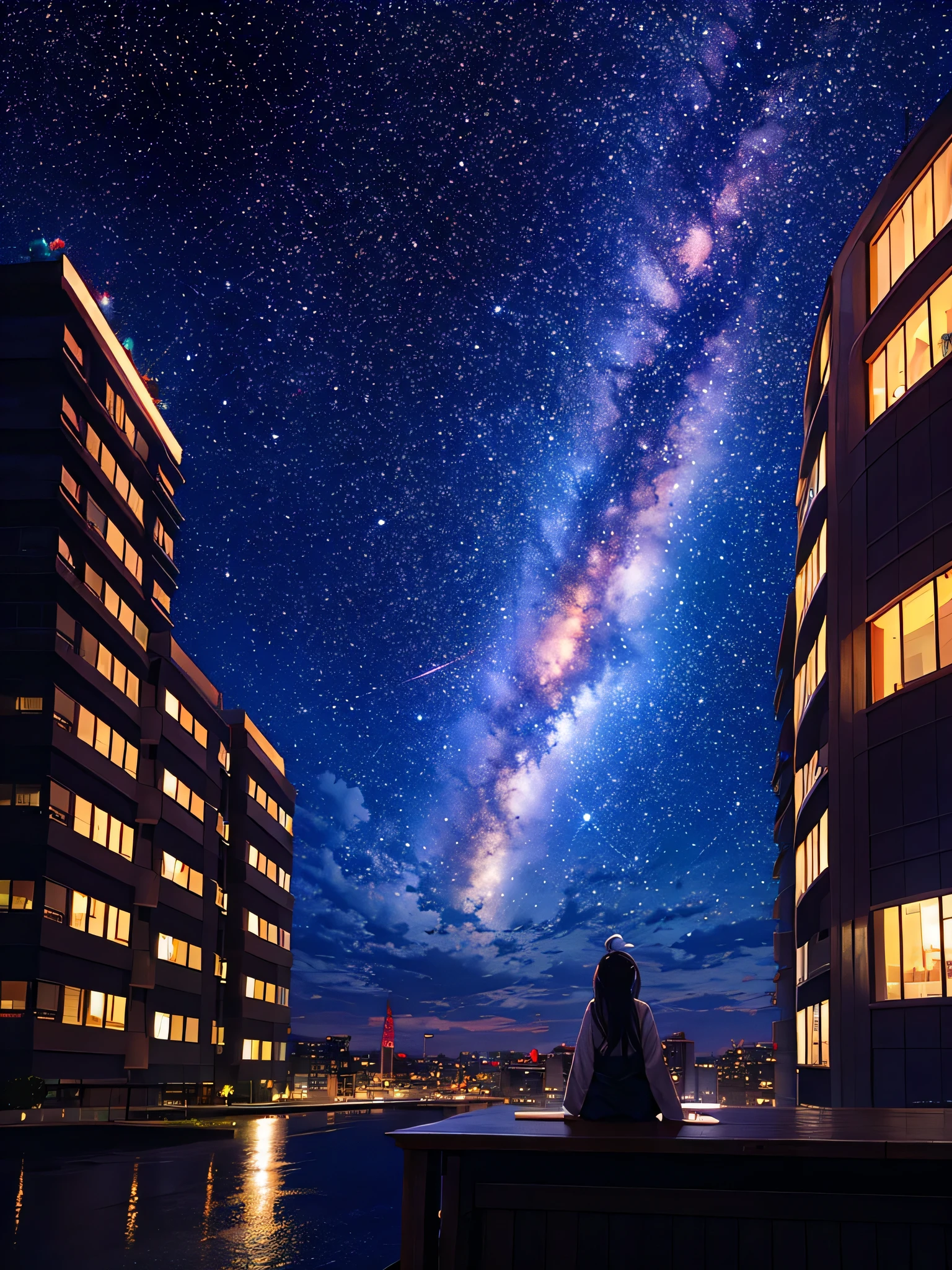 Octane Number, null, star (null), landscape, starry null, night, 1 Girl, night null, One, Outdoors, building, cloud, milky way, Sitting, wood, Long Hair, city, silhouette, cityscape,Bun Hair,Long Hair,Back view,