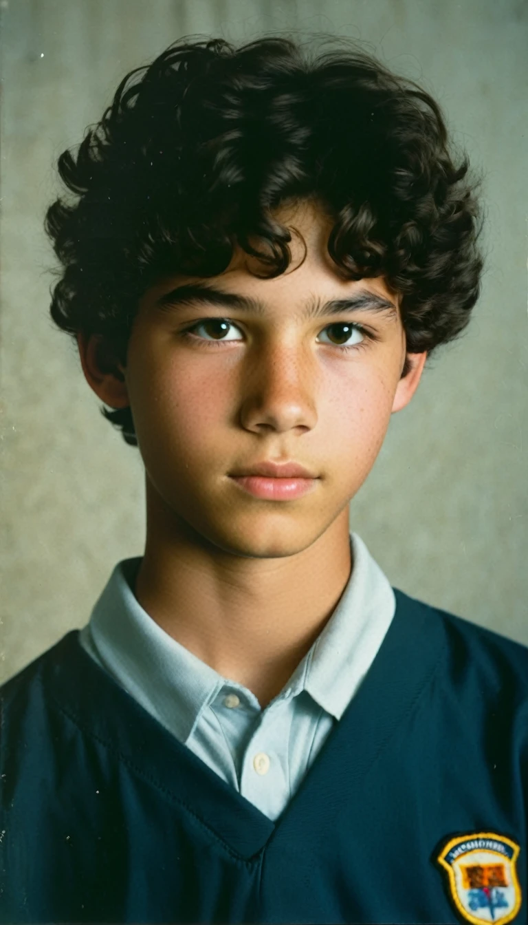 analog film photo, modern day photo of a young student, 14 years-old, male, brown-black hair, curly mop haircut, brown eyes, caucasian, round face, oval-shaped jawline, bulbous nose, full lips, thick eyebrows, soft features, stocky broad frame, chubby, resembles Gavin Leatherwood, (relaxed school uniform:1.1), silhouette, backlit, split lighting, half face in shadow, RAW Photograph, dslr, hard lighting, hard shadows, high quality, film grain, Fujifilm XT3, detailed skin with visible pores, insane details, masterpiece, 8k, 35mm photograph, dslr, kodachrome, faded film, desaturated, 35mm photo, grainy, vintage, Kodachrome, Lomography, stained, highly detailed, found footage, yearbook portrait, contemporary, 2024