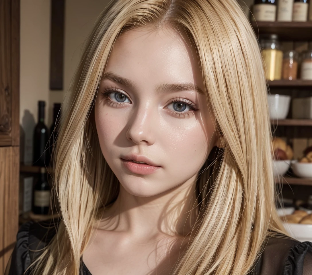 a medium wide shot of a beautiful young influencer, 23 years old, with blond and straight hair, Documenting a culinary adventure. 🍷 iPhone 14 Pro Max immortalizes the flavors, with natural light and shadows.