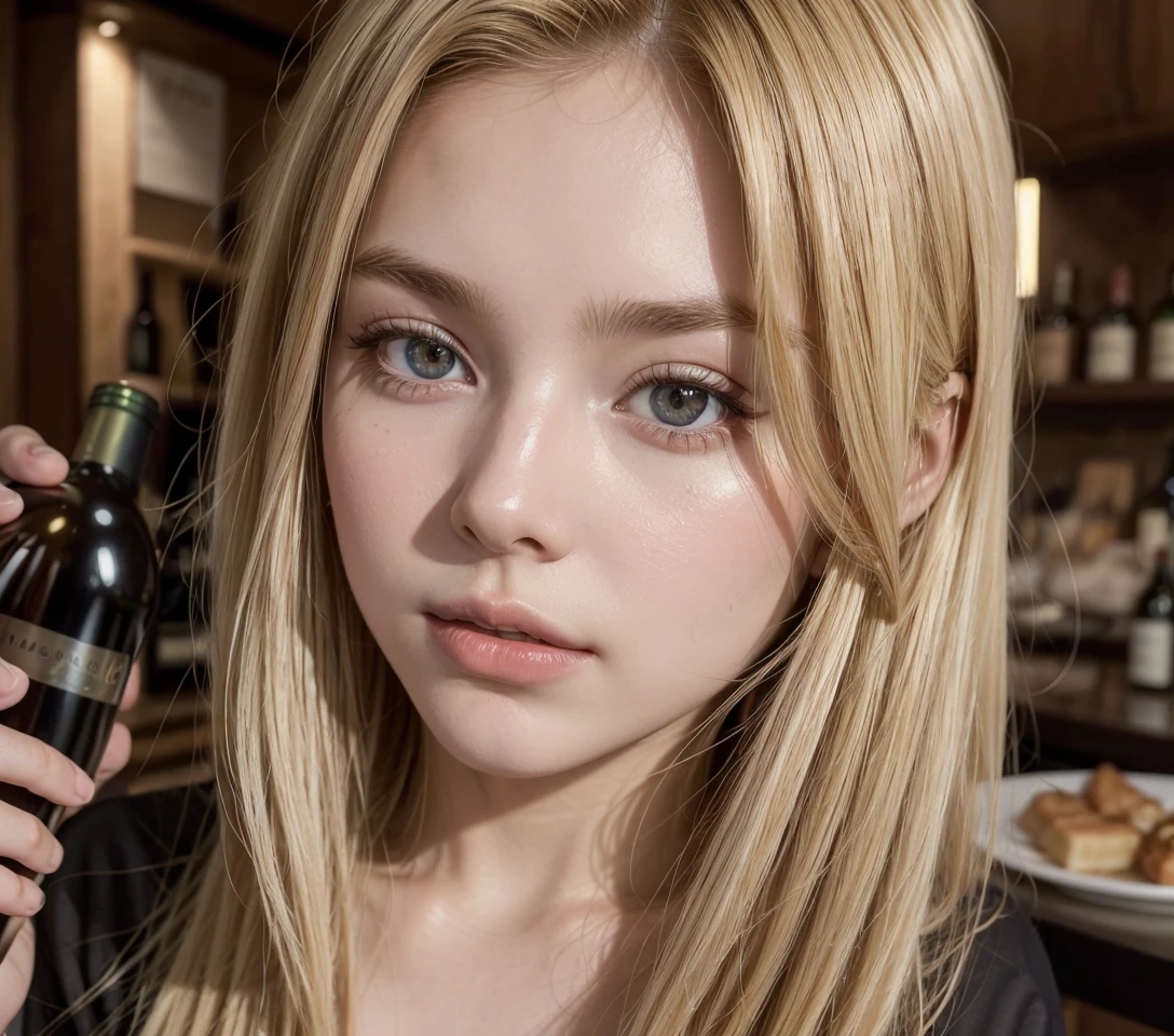 a medium wide shot  of a beautiful young influencer, 23 years old, with blond and straight hair, Documenting a culinary adventure. 🍷 iPhone 14 Pro Max immortalizes the flavors, with natural light and shadows.