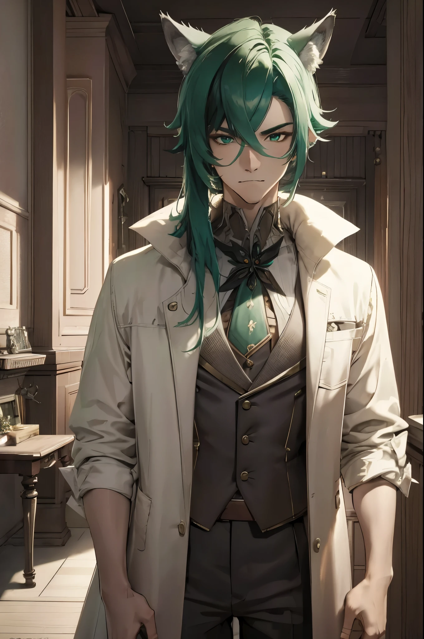 8k, high definition, Cinematic, ultra high resolution, fantasy world, male, ((colorful details)), a tall statured stud of a man, 25 years old, clean shaven, has large wolf ears, sharp fangs, glaring, bodyguard, green eyes, long dark green hair, toned skin, muscular, muscular build, standing inside a military office, inside, standing, sophisticated, hot guy, wolf man, wolf ears, male body,
