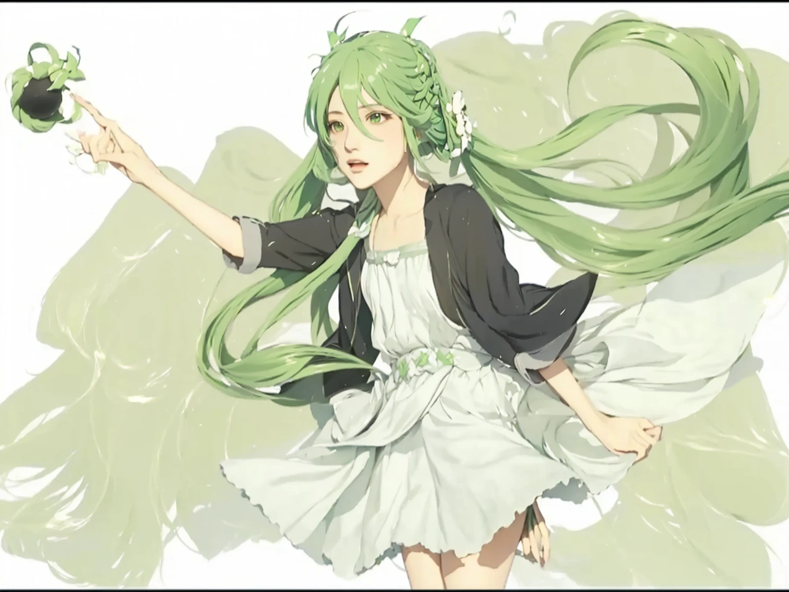 ((Masterpiece)), (best quality), (very detailed), ((very detailed)), 4k, (8k),1 girl,Hatsune Miku,  girl with long green hair holding a small black crown, green flowing hair, vocaloid, pixiv style, pixiv,  in dress, lolish, realistic image, shirabii, anime girl with long hair, , arte koto no ha no niwa, miku, cushart, hatsune miku