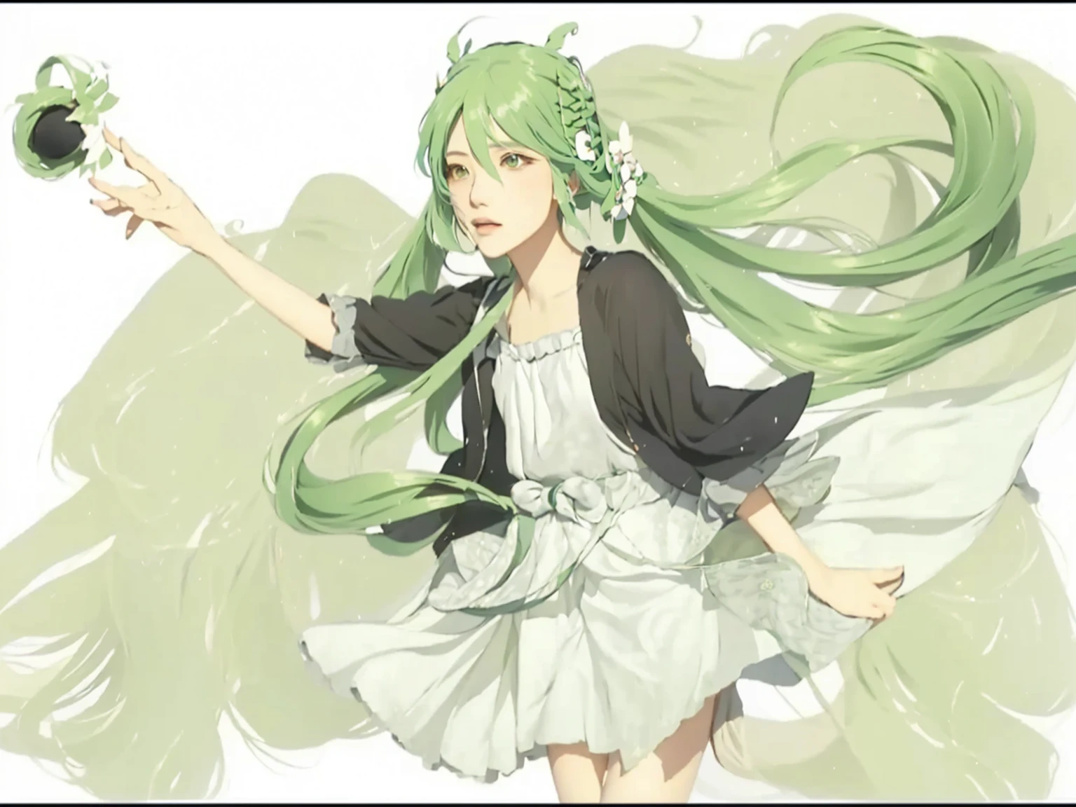 ((Masterpiece)), (best quality), (very detailed), ((very detailed)), 4k, (8k),1 girl,Hatsune Miku, girl with long green hair holding a small black crown, green flowing hair, vocaloid, pixiv style, pixiv, in dress, lolish, realistic image, shirabii, anime girl with long hair, , arte koto no ha no niwa, miku, cushart, hatsune miku