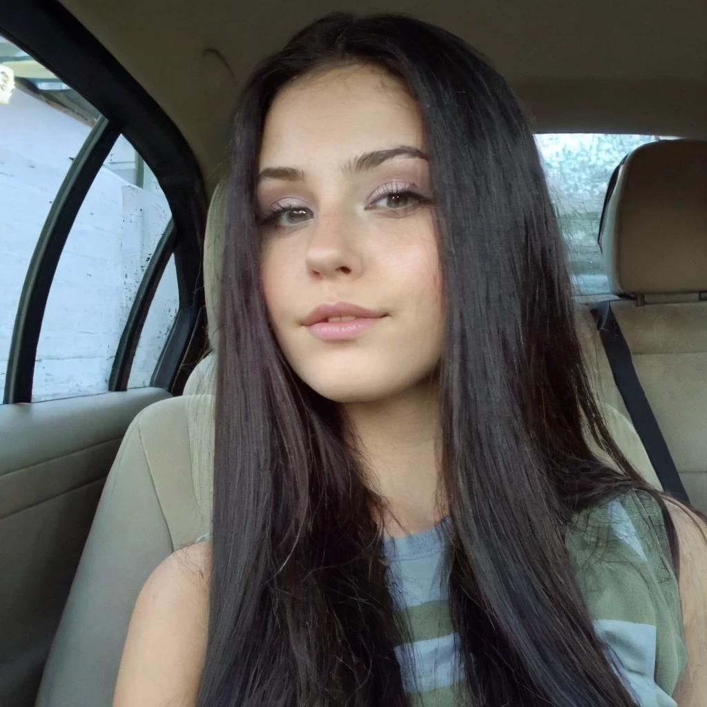 araffed woman with long black hair sitting in a car, 18 years old, violet myers, young woman with long dark hair, 21 years old, 2 4 years old, 2 7 years old, 1 6 years old, 2 2 years old, 2 8 years old, she is about 1 6 years old, 2 3 years old, looking straight to the camera