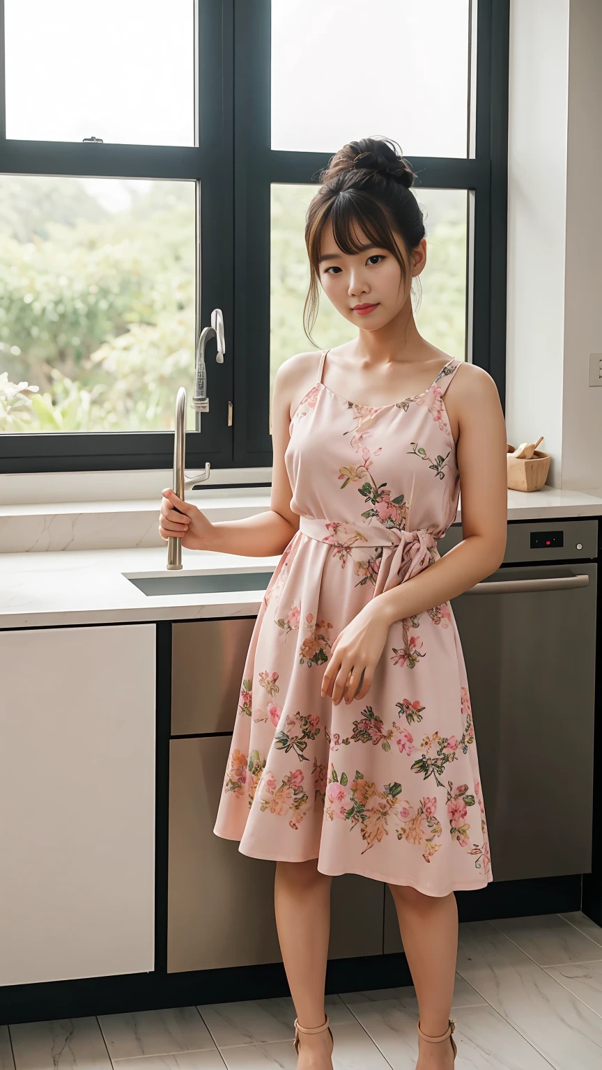 Full body image, long shot, a young Korean woman in a pink floral dress, sandals,standing in kitchen, messy hair bun, face straight to viewer, seductive pose, serene expression, cute face, detailed face, detailed clothing, detailed background, natural lighting, warm colors, beautiful scenery, intricate details, highly detailed, photorealistic, 8k, ((masterpiece)), cinematic style, portrait