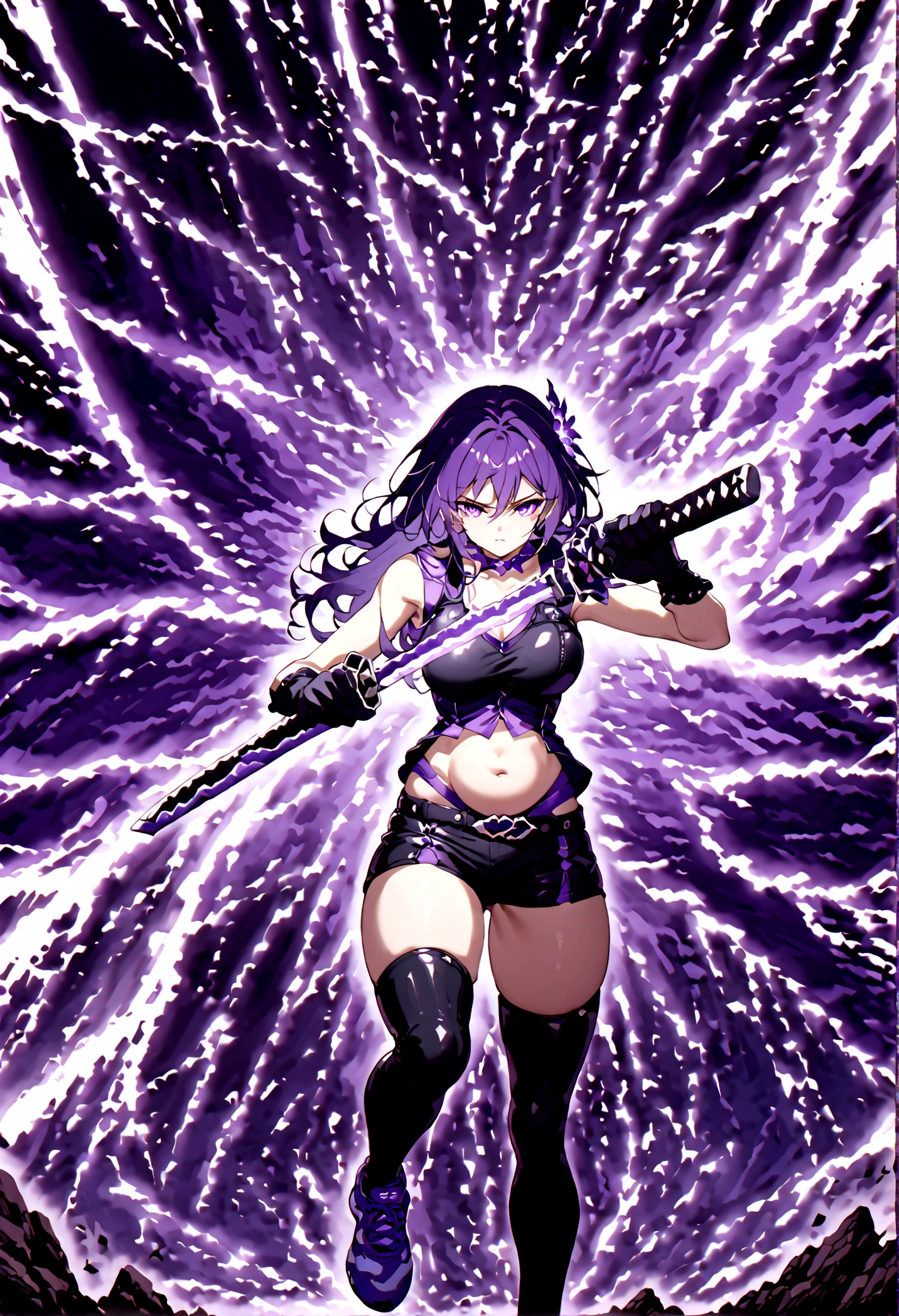 Anime girl with very long dark purple hair and a flower hair accessory wearing black short jeans with latex socks and a sport shoes wearing a cut shirt with no sleeves and half cut from below showing her belly with a black vest with short latex gloves purple glowing eyes holding katana in her hands her elemental power is purple thunder with fit body