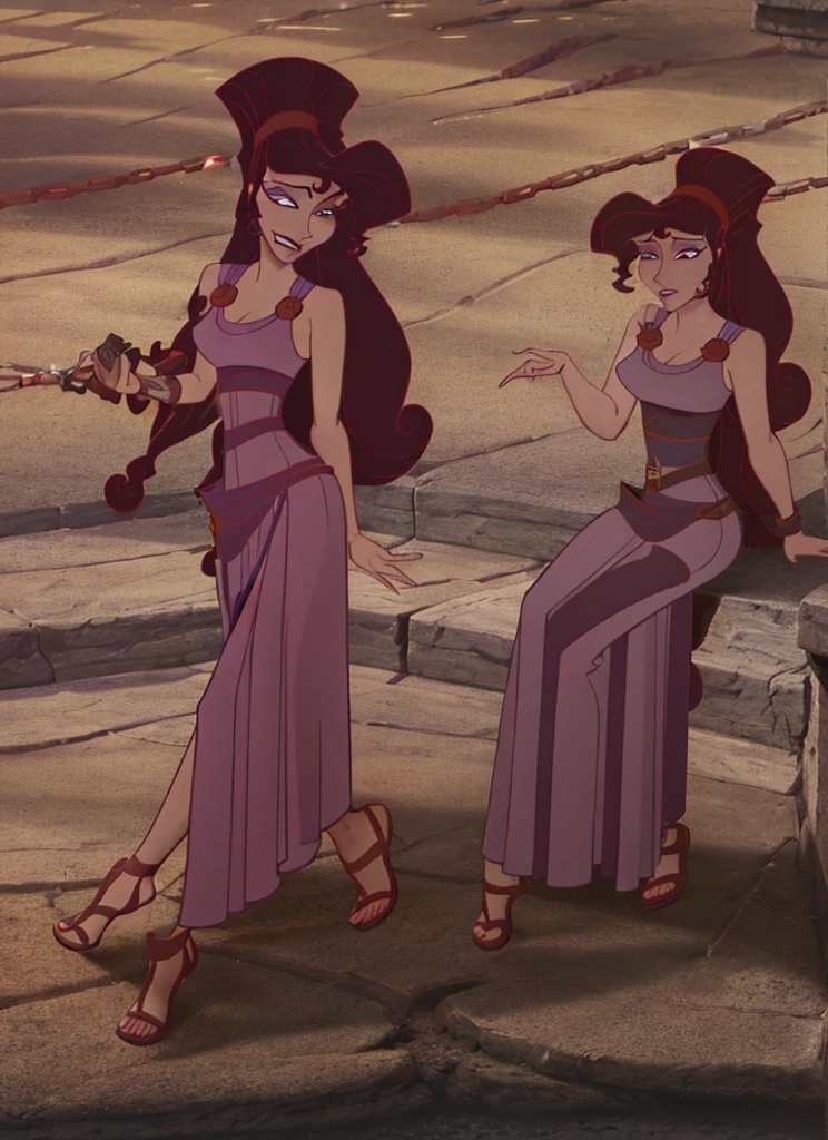 ((best quality)), ((highly detailed)), (detailed eyes, deep eyes), (1girl), Megara, bound and OTM gagged with chains of gray smoke, sitting on her knees, auburn hair, long hair, high ponytail, purple eyes, medium breasts, long purple dress, Greek clothes, sash, collarbone, sandals, (outdoors, in a dark stadium, nighttime)