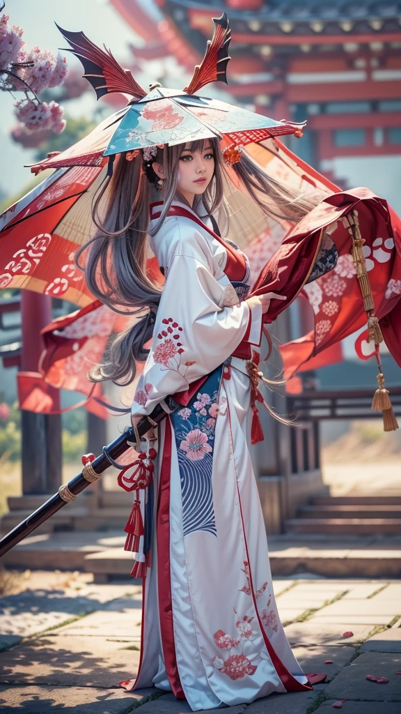 (32k:1.5, Highest quality, masterpiece, Ultra-high resolution), Perfect dynamic composition, Professional camera work:1.6, Captivating portrait:1.3, Cinematic Light, Very detailedな肌と顔の質感:1.3, Very accurate, Very detailed, (Ride the Red Dragon:1.3, Holding a walking stick), (mysteriousな:1.2, Great background:1.2, tradition:1.2, Belligerent:1.2, Majestic:1.2), Adult female, Graceful Goddess, Incredibly slim body, Fair skin, (smile:0.9, Totally captivates you:1.0), (Fractal Art:1.0, Japanese Shrine Maiden Costume:1.3), Ample breasts, Sensual sitting position:0.6, Calm pose, (Beautiful Blue Eyes, Beautiful erotic eyes:0.8, Feel the beautiful eroticism:0.9), (romantic, dramatic, mysterious), Object of admiration, Artistic, Innovative, charm, sense of openness, sense of cleanliness, Heartful, Fancy, exciting, Extreme, ((大人のcharm, 女性的なcharm, Hair blowing in the wind))