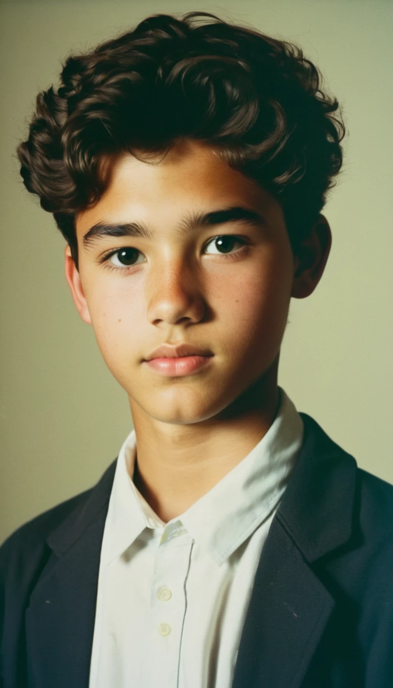 analog film photo, modern day photo of a young student, 14 years-old, male, brown-black hair, short curly quiff, brown eyes, caucasian, round face, oval-shaped jawline, bulbous nose, full lips, thick eyebrows, soft features, stocky broad frame, chubby, fat, resembles Gavin Leatherwood, (relaxed school uniform:1.1), silhouette, backlit, split lighting, half face in shadow, RAW Photograph, dslr, hard lighting, hard shadows, high quality, film grain, Fujifilm XT3, detailed skin with visible pores, insane details, masterpiece, 8k, 35mm photograph, dslr, kodachrome, faded film, desaturated, 35mm photo, grainy, vintage, Kodachrome, Lomography, stained, highly detailed, found footage, yearbook portrait, contemporary, 2024