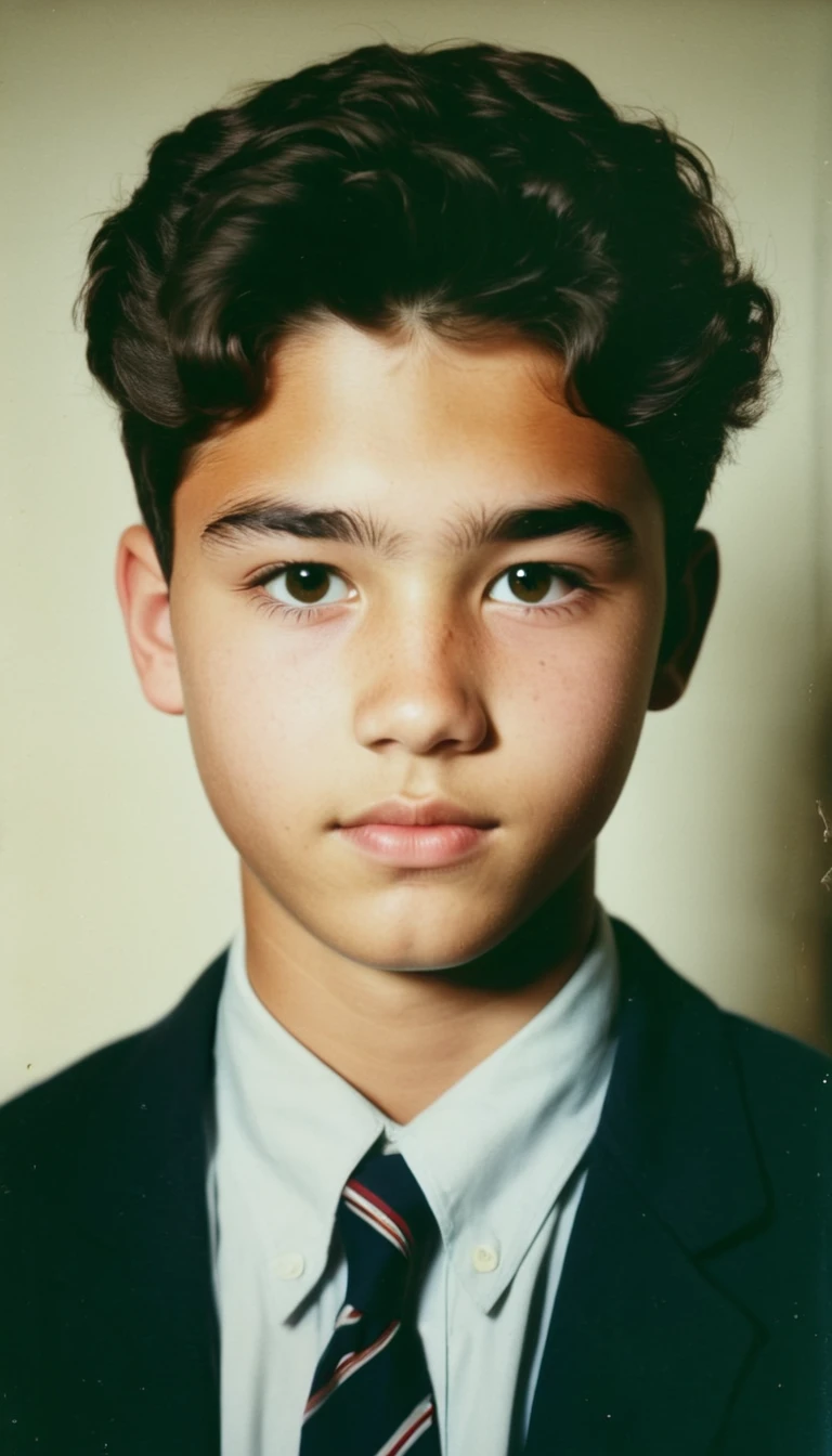 analog film photo, modern day photo of a young student, -old, malbrown-black hair, short curly quiff, brown eyes, caucasian, round face, oval-shaped jawline, bulbous nose, full lips, thick eyebrows, soft features, stocky broad frame, chubby, fat, resembles Gavin Leatherwood, (relaxed school uniform:1.1), silhouette, backlit, split lighting, half face in shadow, RAW Photograph, dslr, hard lighting, hard shadows, high quality, film grain, Fujifilm XT3, detailed skin with visible pores, insane details, masterpiece, 8k, 35mm photograph, dslr, kodachrome, faded film, desaturated, 35mm photo, grainy, vintage, Kodachrome, Lomography, stained, highly detailed, found footage, yearbook portrait, contemporary, 2024
