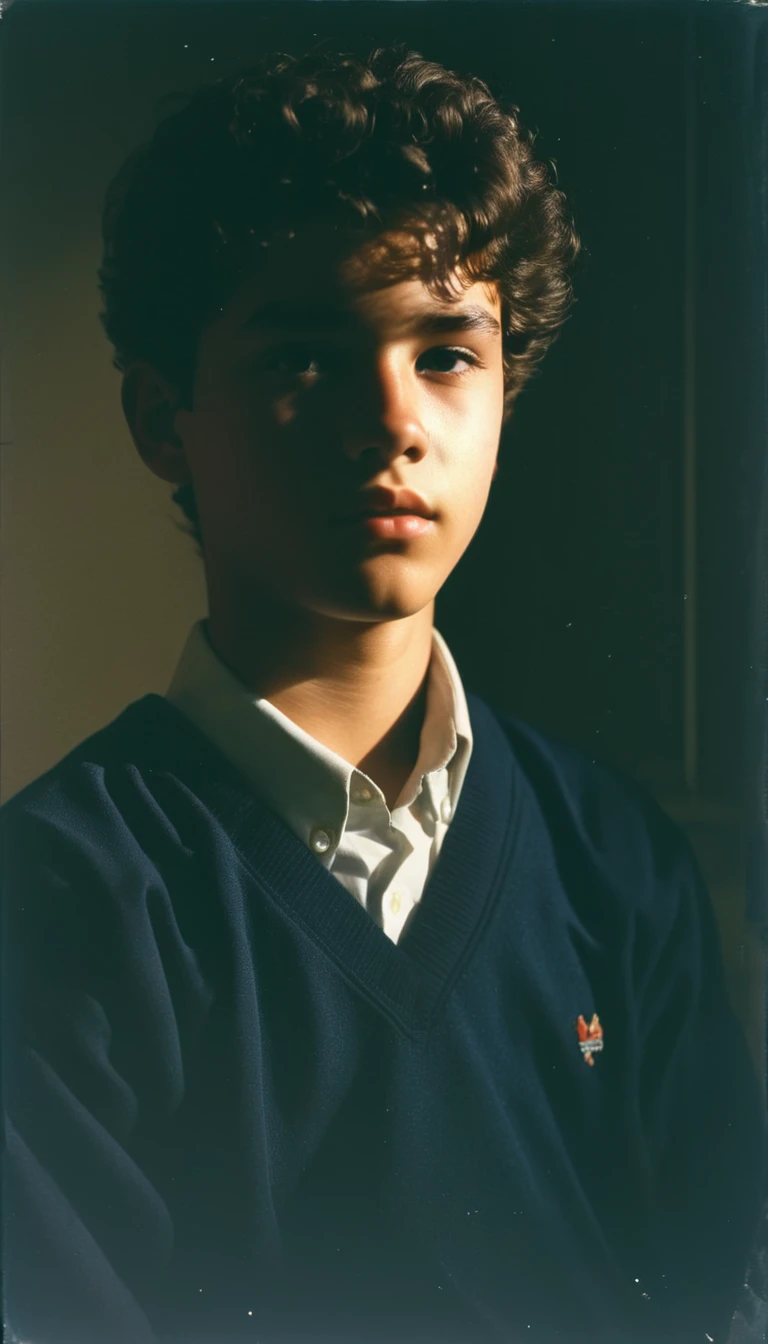 analog film photo, modern day photo of a young student, 14 years-old, male, brown-black hair, short curly quiff, brown eyes, caucasian, round face, oval-shaped jawline, bulbous nose, full lips, thick eyebrows, soft features, stocky broad frame, chubby, fat, resembles Gavin Leatherwood, (relaxed school uniform:1.1), silhouette, backlit, split lighting, half face in shadow, RAW Photograph, dslr, hard lighting, hard shadows, high quality, film grain, Fujifilm XT3, detailed skin with visible pores, insane details, masterpiece, 8k, 35mm photograph, dslr, kodachrome, faded film, desaturated, 35mm photo, grainy, vintage, Kodachrome, Lomography, stained, highly detailed, found footage, yearbook portrait, contemporary, 2024