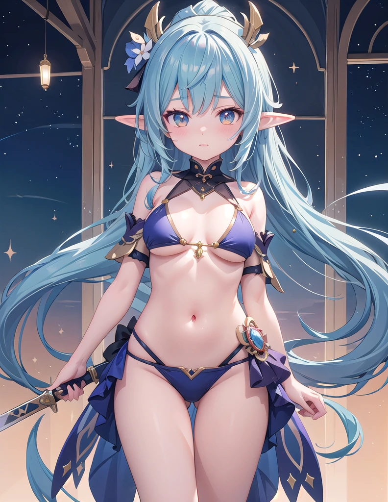 A woman in a bikini、Long hair、Woman holding a sword, Elf Girl, Anime Goddess, Extremely detailed Artgerm, , keqing from Genshin Impact impact, Top rated on Pixiv, Cute anime girl in a beautiful skirt, Popular on artstation pixiv, Charming Elf Princess Knight, Fairy Queen, Genshin Impact, Attractive anime girl