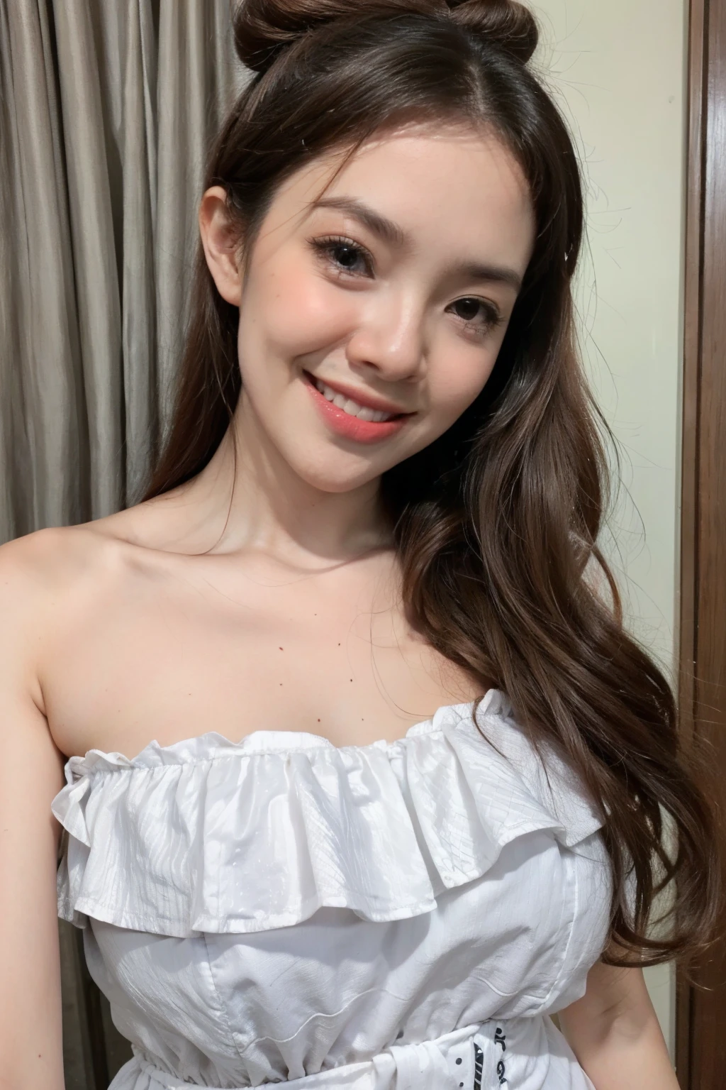 (White Strapless Dress), adorable, 1 girl, (face to face), 10 years old, baby face, happy, half body portrait, (face details: 1), (eye details:1), ((big breasts)). wearing transparent transparency long shirt, .. Cute posed. proportional body. Ultra High Res. realistic: 1.4, UHD, poke a bun Hairstyle , lace 