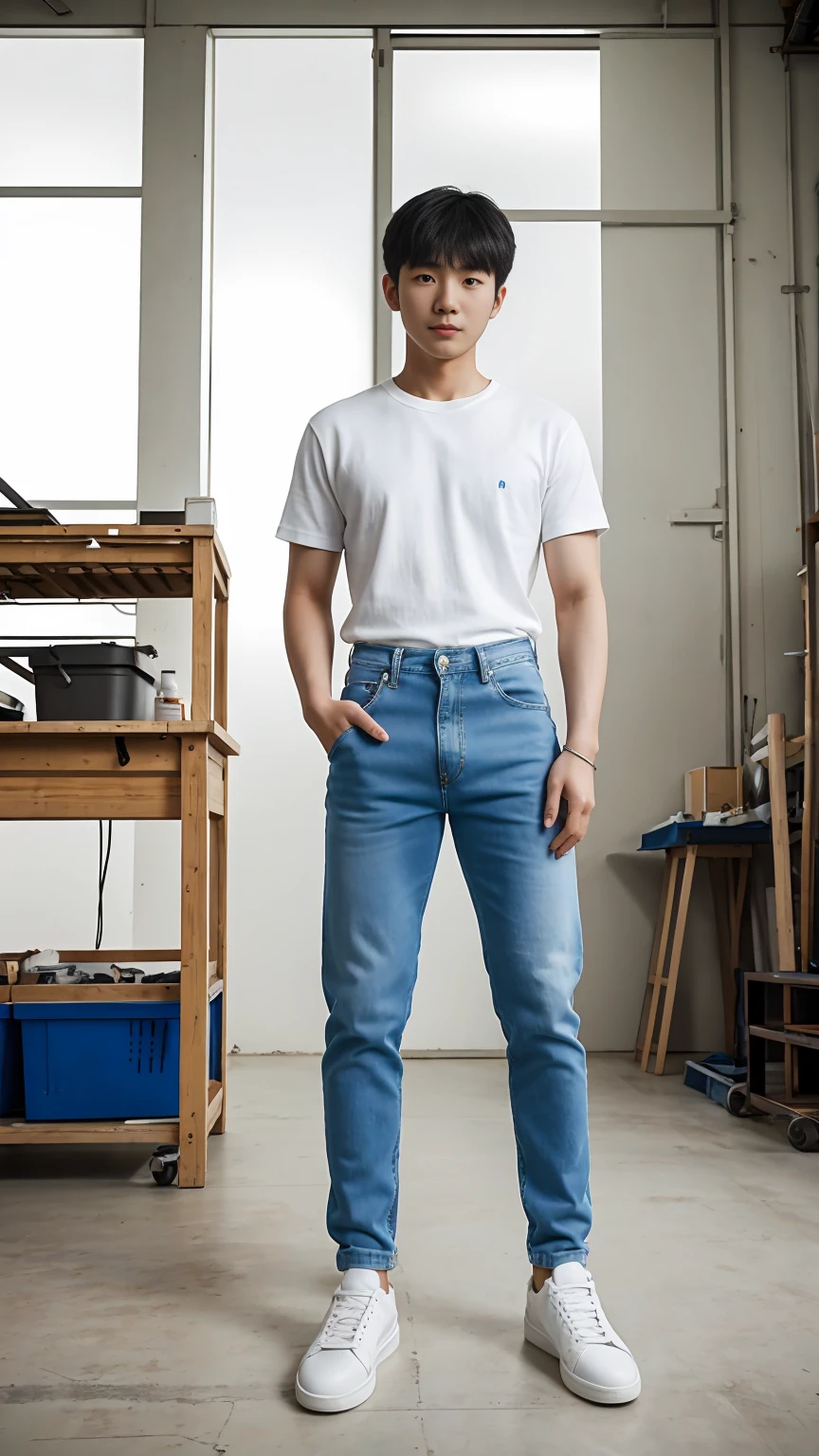 Full body shot, a young Korean man in a white T-shirt, blue jeans, white sneakers, standing in a workshop, face straight to viewer, standing straight, serene expression, detailed face, detailed clothing, detailed background, natural lighting, warm colors, beautiful scenery, intricate details, highly detailed, photorealistic, 8k, ((masterpiece)), cinematic style, portrait