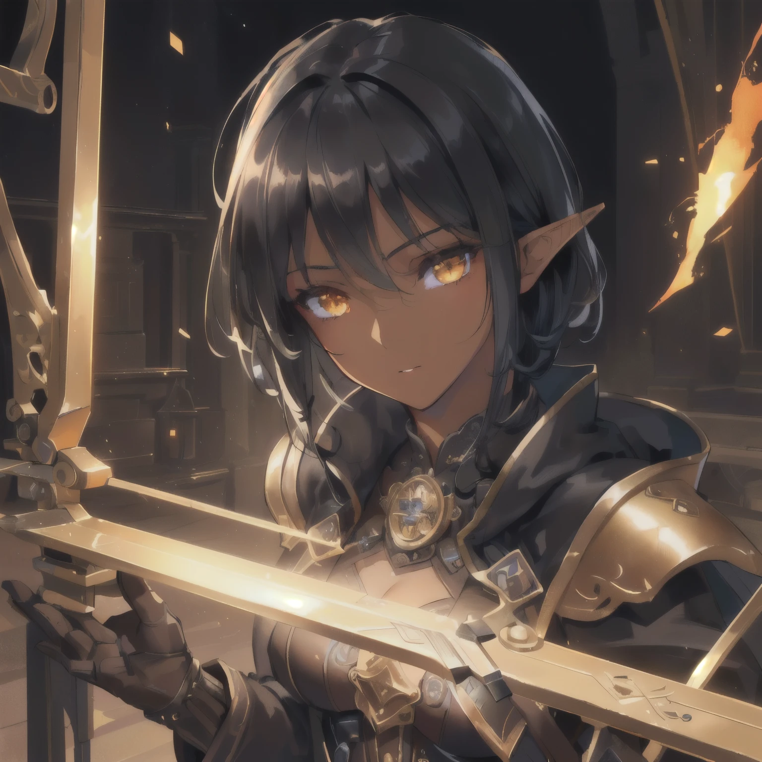 a small tiny cute beautiful half-elf dwarven girl, delicate but strong, ((golden eyes)), ((short black hair)), (((dark skin))), ((blacksmith)), ((crossbow archer)), ((large gloves, big coat)), 1girl, fantasy, intricate details, high quality, 8k, masterpiece, photorealistic, sharp focus, studio lighting, extremely detailed, warm colors, dramatic lighting, (best quality, 4k, 8k, highres, masterpiece:1.2), ultra-detailed, (realistic, photorealistic, photo-realistic:1.37), HDR, UHD, studio lighting, ultra-fine painting, sharp focus, physically-based rendering, extreme detail description, professional, vivid colors, bokeh, detailed facial features, beautiful detailed eyes, beautiful detailed lips, extremely detailed eyes and face, long eyelashes, intricate steampunk outfit, mechanical tools, forge, glowing embers, warm lighting, moody atmosphere