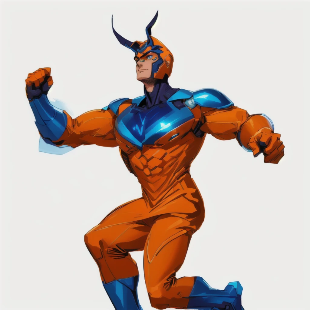 master piece, 8k detail, a close up of a drawing of a man in a blue suit, orange gloves and orange eye goggles, , full portrait of electromancer, fantastic non human character, 90s comic book character design, comic book character, thunder man, heroic masculine pose, caracal cyborg, full body concept, some orange and blue, vibrant fan art, no backdrop, white background.