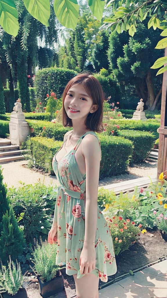 masterpiece, highest quality, disorganized, perfect anatomy, 1 girl, alone, pascal tales, short hair, beautiful, Hilarious, sunny day, botanical garden, Summer winds, sundress, Floral, wavy hair, smile