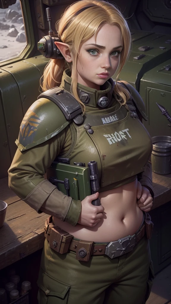 1girl, (high-angle shot), warhammer 40k imperial guardsman, ((female hobbit)). blonde hair, bare hand, hafling, pants, (green bulletproof vest), ((large nose)), large expressive eyes, ((in a rusty spaceship)), chubby face, black paint under eyes, dirty, holding food