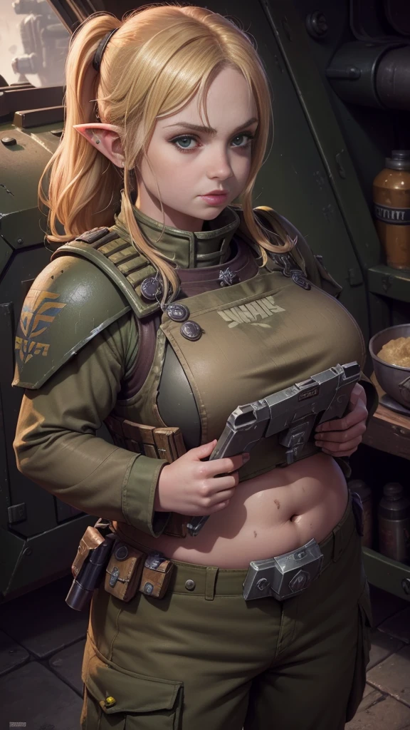 1girl, (high-angle shot), warhammer 40k imperial guardsman, ((female hobbit)). blonde hair, bare hand, hafling, pants, (green bulletproof vest), ((large nose)), large expressive eyes, ((in a rusty spaceship)), chubby face, black paint under eyes, dirty, holding food