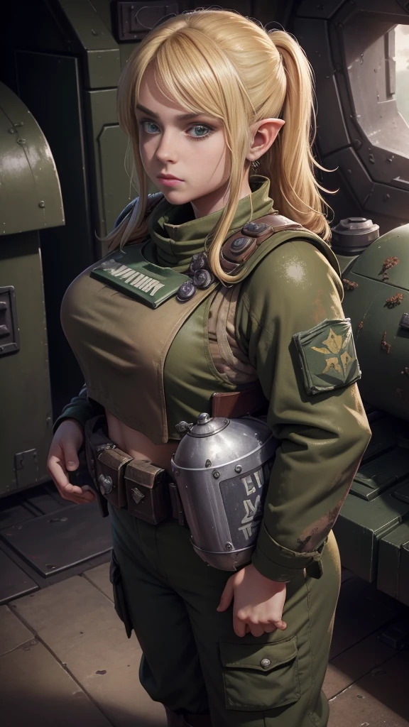1girl, (high-angle shot), warhammer 40k imperial guardsman, ((female hobbit)). blonde hair, bare hand, hafling, pants, (green bulletproof vest), ((large nose)), large expressive eyes, ((in a rusty spaceship)), chubby face, black paint under eyes, dirty, holding food