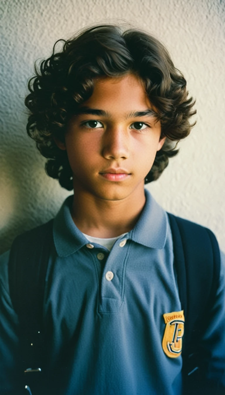 analog film photo, modern day photo of a young student, 14 years-old, male, brown-black hair, long curly hair, brown eyes, caucasian, round face, oval-shaped jawline, bulbous nose, full lips, thick eyebrows, soft features, stocky broad frame, chubby, fat, resembles Gavin Leatherwood, (relaxed school uniform:1.1), silhouette, backlit, split lighting, half face in shadow, RAW Photograph, dslr, hard lighting, hard shadows, high quality, film grain, Fujifilm XT3, detailed skin with visible pores, insane details, masterpiece, 8k, 35mm photograph, dslr, kodachrome, faded film, desaturated, 35mm photo, grainy, vintage, Kodachrome, Lomography, stained, highly detailed, found footage, yearbook portrait, contemporary, 2024