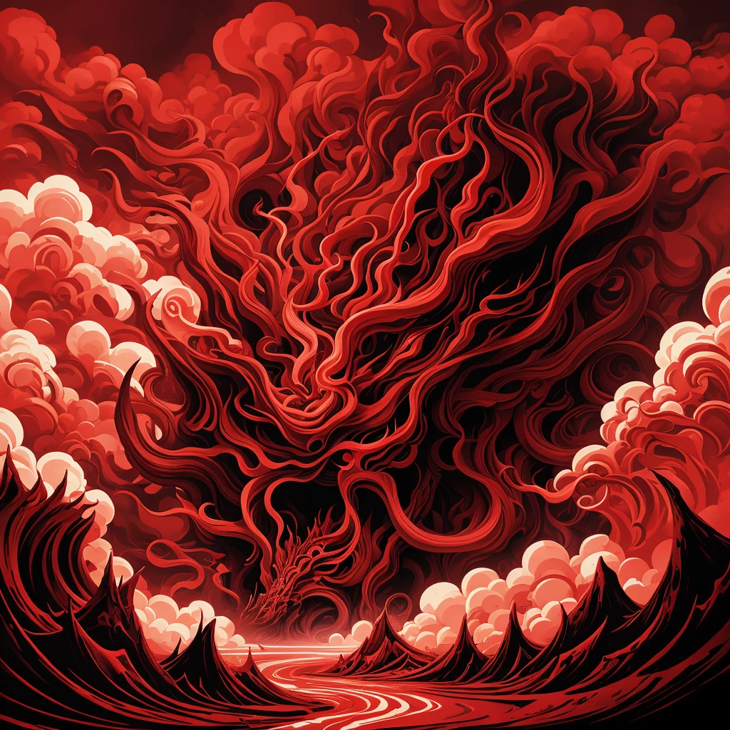 Red mist lingers，Red smoke，Liquid flow，Surrealism，Abstract Art，Impression style，Lovecraft atmosphere