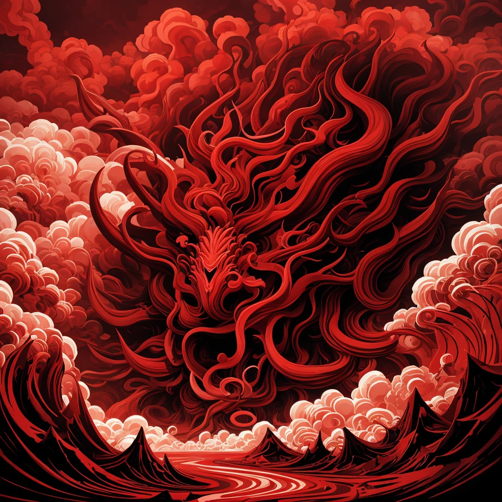 Red mist lingers,Red smoke,Liquid flow,Surrealism,Abstract Art,Impression style,Lovecraft atmosphere
