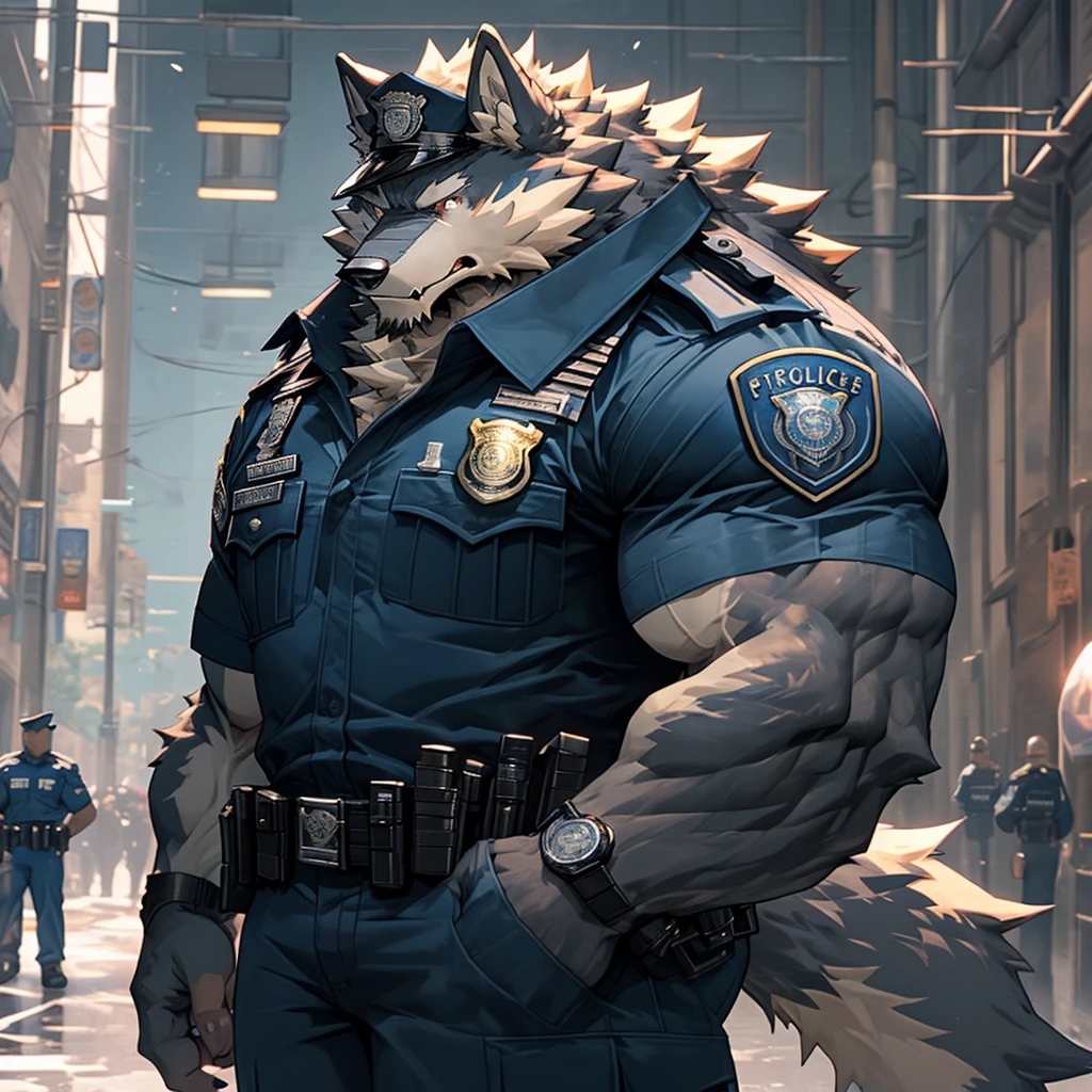Muscular and strong police officer werewolf in uniform. The background is a heavily guarded police station. Strong werewolf wolf officer holding a mobile phone