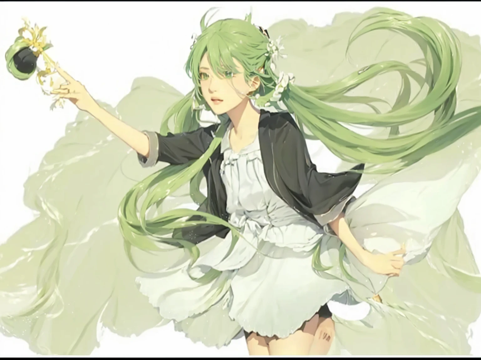 ((Masterpiece)), (best quality), (very detailed), ((very detailed)), 4k, (8k),1 girl,Hatsune Miku,  girl with long green hair holding a small black crown, green flowing hair, vocaloid, pixiv style, pixiv,  in dress, lolish, realistic image, shirabii, anime girl with long hair, , arte koto no ha no niwa, miku, cushart, hatsune miku