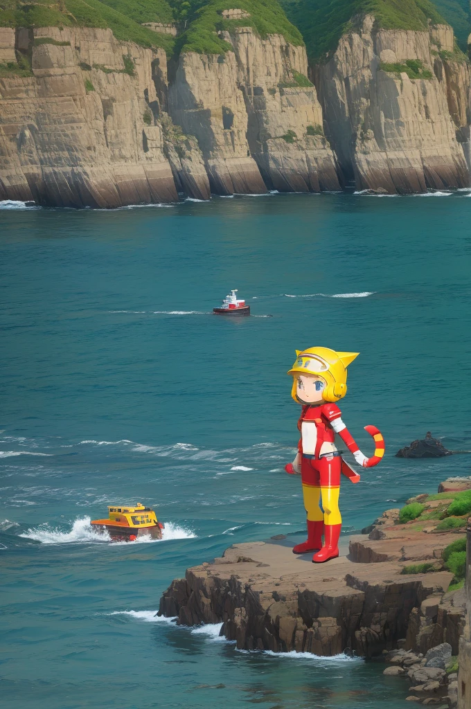 staff,yellow helmets,Ocean,Red Cliff,Pixel Art,whole body,cute,Cat,Subhuman,cute,best quality