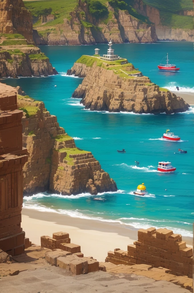 staff,yellow helmets,Ocean,Red Cliff,Pixel Art,whole body,cute,Cat,Subhuman,cute,best quality