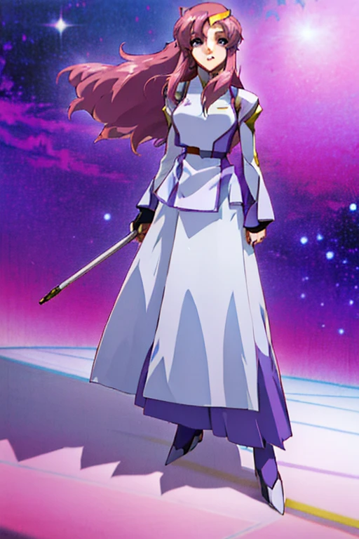((64k,超High resolution,超Highest quality,masterpiece,Hyperrealistic,Young and adorable, beautiful, young, adorable,〜20 year old girl,young woman,Full body photo,Full body angle,Whole Body Ezbian,Surreal,Very detailed:1.3,Ultra-realistic:3.0)),GundamSEED,Lacus Clyne,Pink Hairの毛,Blue Eyeasterpiece,Detailed eyes,Detailed skin,Detailed face,Shiny skin,Detailed Hair,White skin,Perfect lighting,Glossy Lips,8K,wallpaper,京都animeーション, animeカラーリング ,Klein Lake,GundamSEED ウイングGundam,Pink Hair, Straight hair,blue eyes , (((hair ornaments, White sleeves,豪華なWhite Dress, 豪華なPurple Skirt, 贅沢なLong skirt))),Very long hair, Bare shoulders, Star background,1980s \(style\),masterpiece, Highest quality, High resolution, anime, Lacus 1, One girl, alone, Pink Hair, Straight hair, hair ornaments, White sleeves, blue eyes, White Dress, Purple Skirt, Long skirt, Very long hair, Bare shoulders, Large Breasts, smile, Gundam, On the floor,retro artstyle,