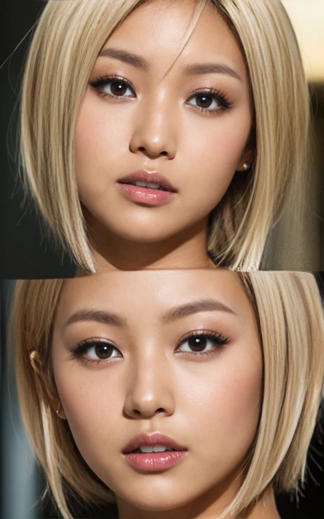 gyaru, dark-skinned, (shiny oiled skin:1.1), blond hair, short cut hair, face close up
