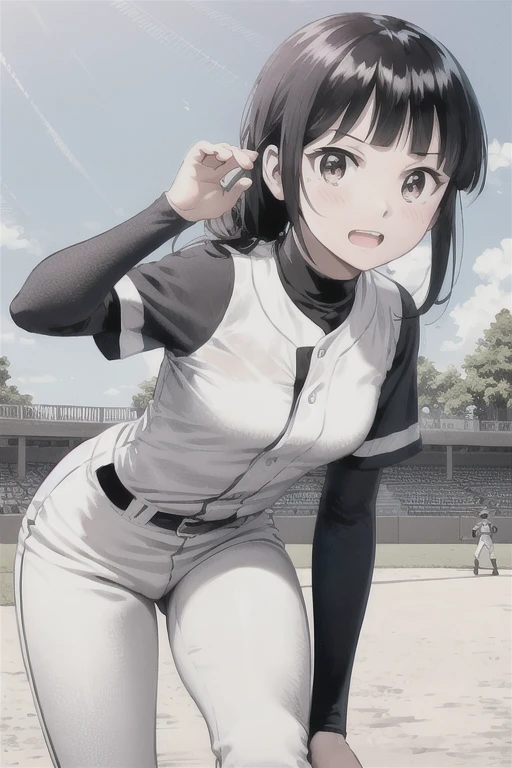 View your viewers,
Black Hair,(Tied Hair,Blunt bangs:1.2), Small breasts,
(Baseball uniforms:1.2), (Highest quality:1.3),One girl,Sexy pose