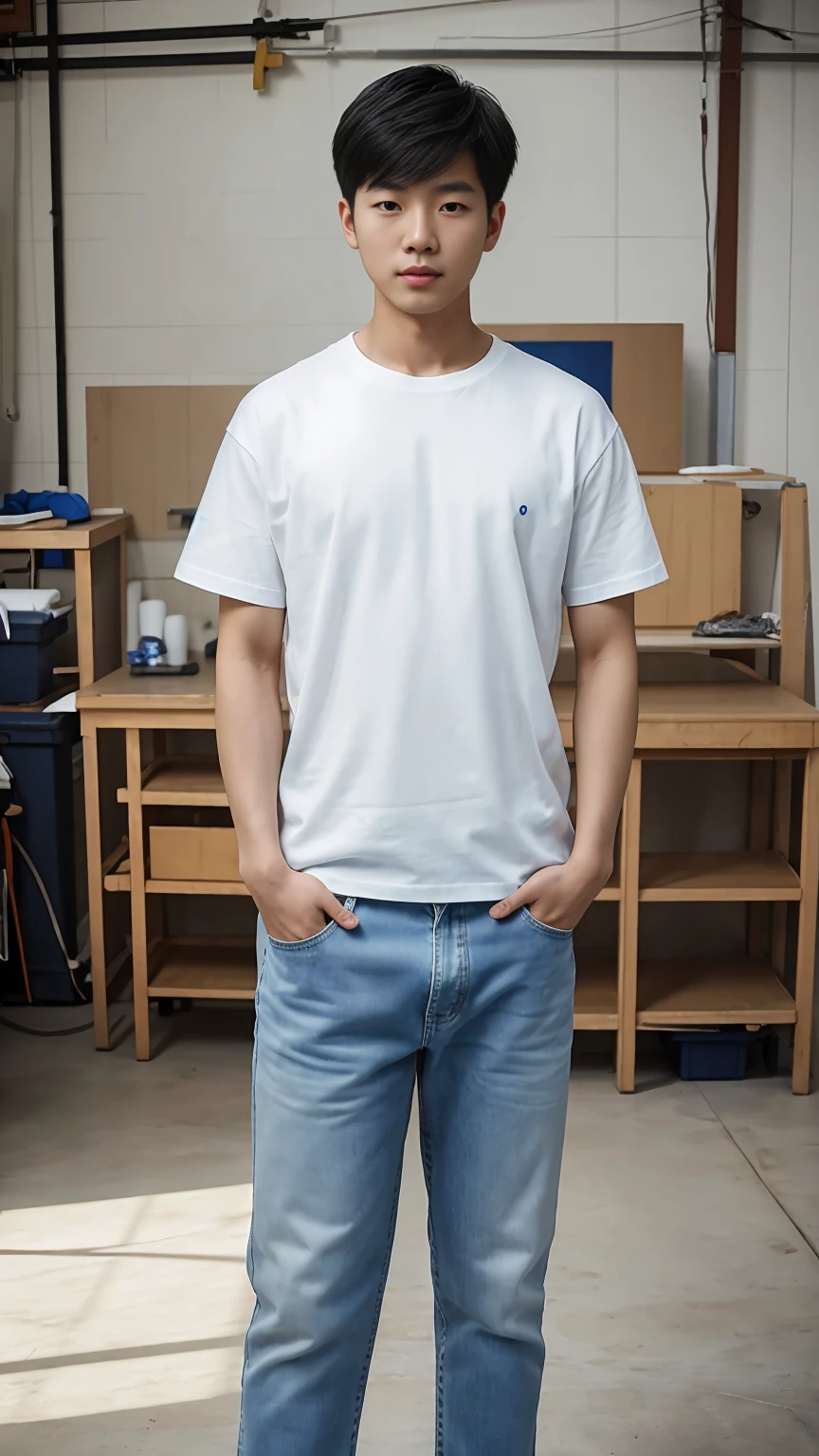 Full body shot, a young Korean man in a white T-shirt, blue jeans, white sneakers, standing in a workshop, face straight to viewer, standing straight, serene expression, detailed face, detailed clothing, detailed background, natural lighting, warm colors, beautiful scenery, intricate details, highly detailed, photorealistic, 8k, ((masterpiece)), cinematic style, portrait