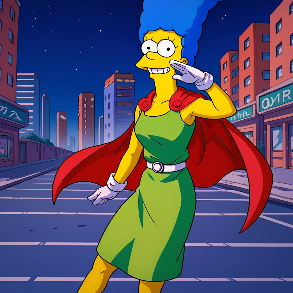 (((marges, blue hair, 1girl, solo, alone, colored skin, yellow skin))), zPDXL flat color, looking at viewer, smile,

     great saiyaman, white gloves, cityscape, white belt, red cape, purple bodysuit, night sky, green tunic         ,

sexy pose, dynamic pose, dynamic angle, cowboy shot,

outdoor, street, city, 