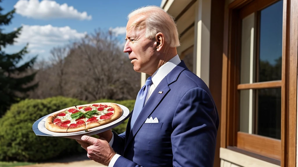 ((best quality)), joe biden, holding pizza box, outside, side view