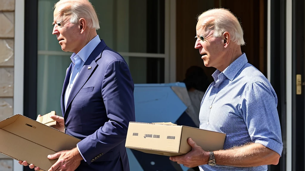 ((best quality)), joe biden, holding pizza box, outside, side view